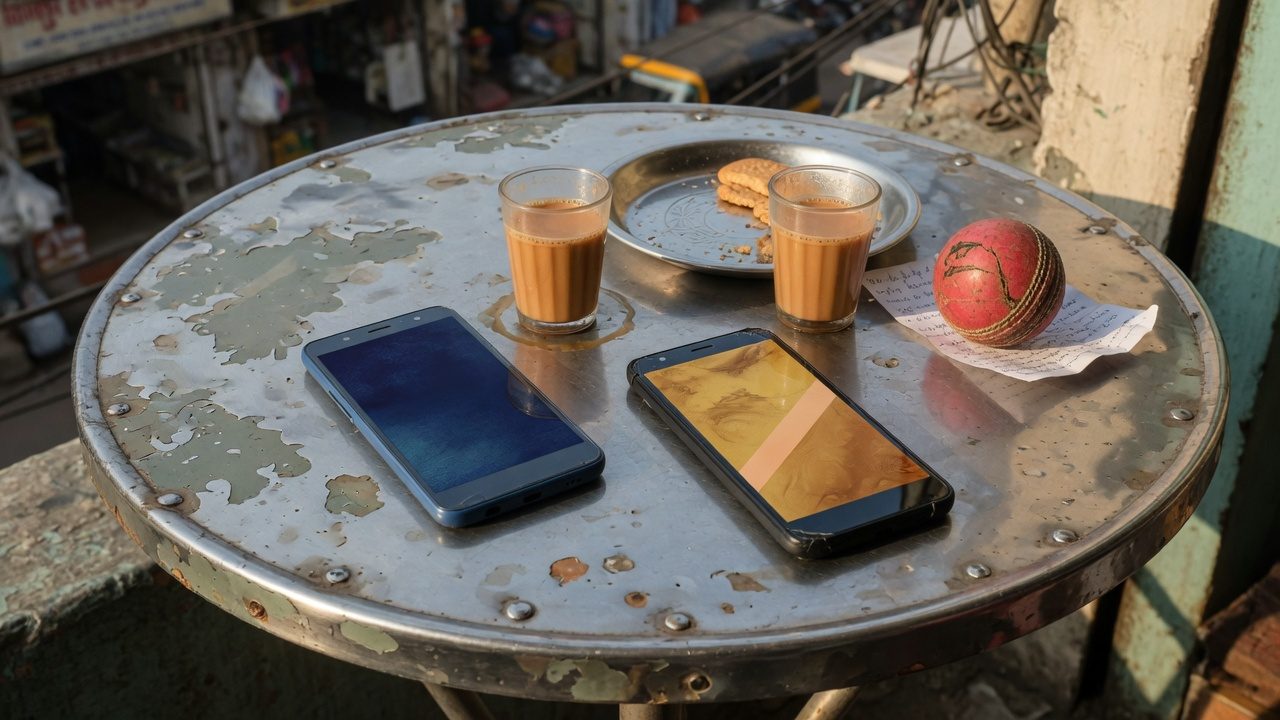 Two phones on a tea-stall table with chai and a cricket ball