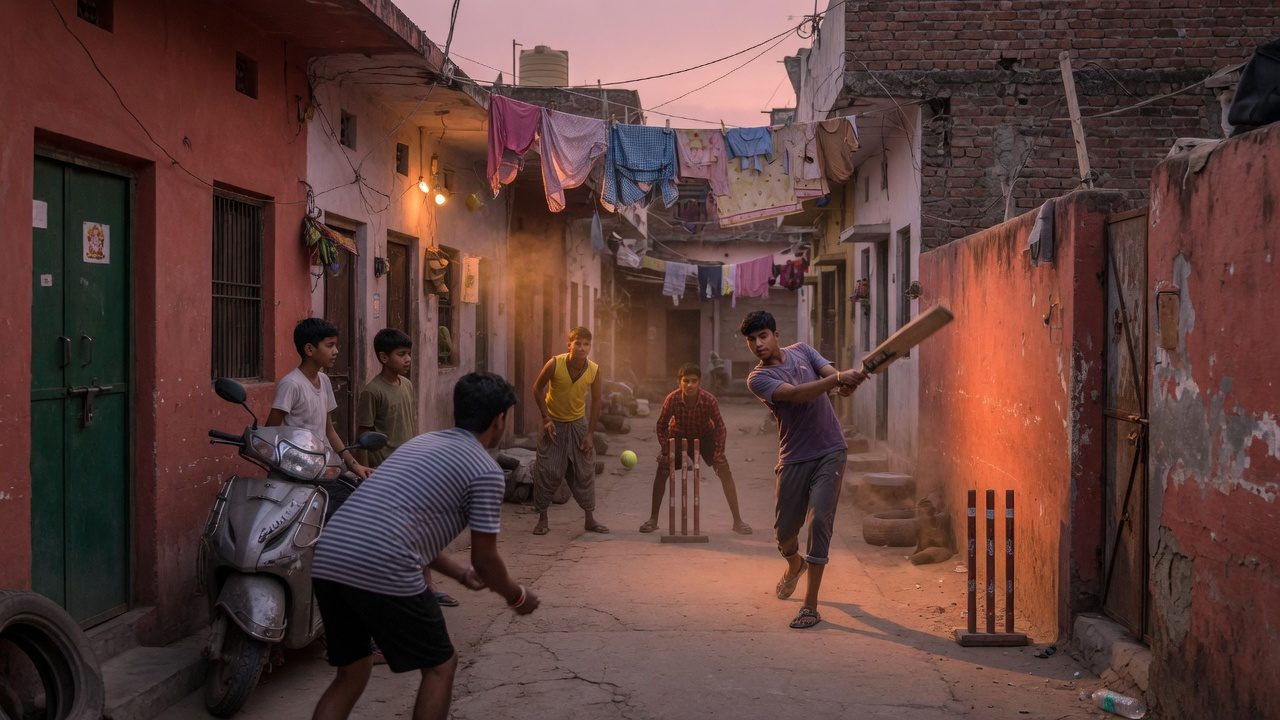 Gully cricket in an Indian lane at dusk