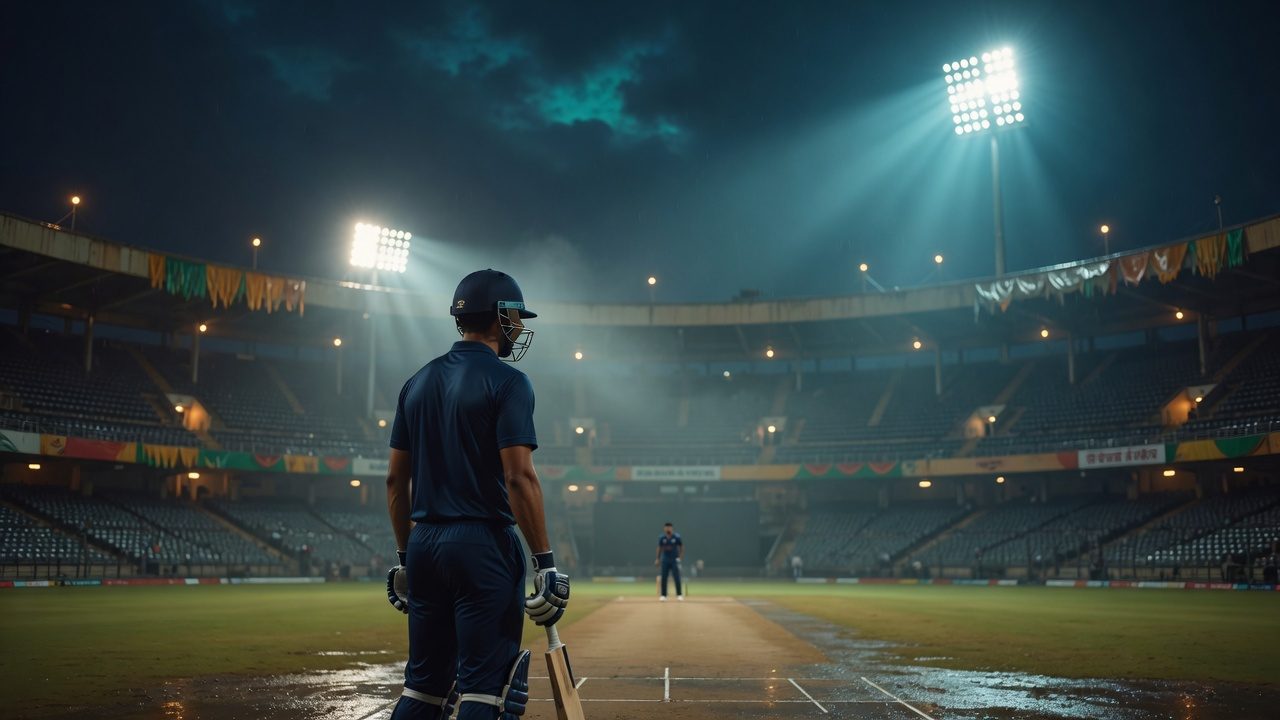 Night cricket ground, batter waiting on a wet pitch