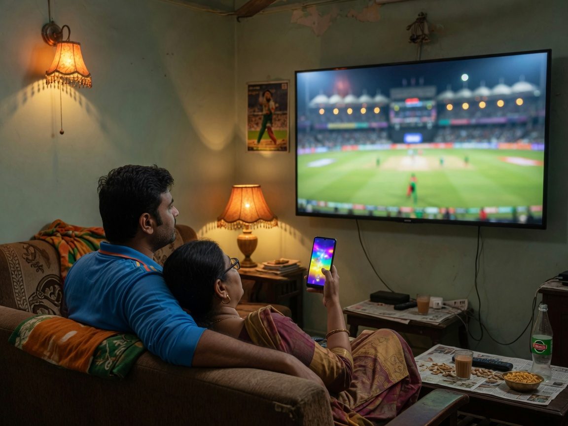 A couple watching cricket at home, one phone in hand