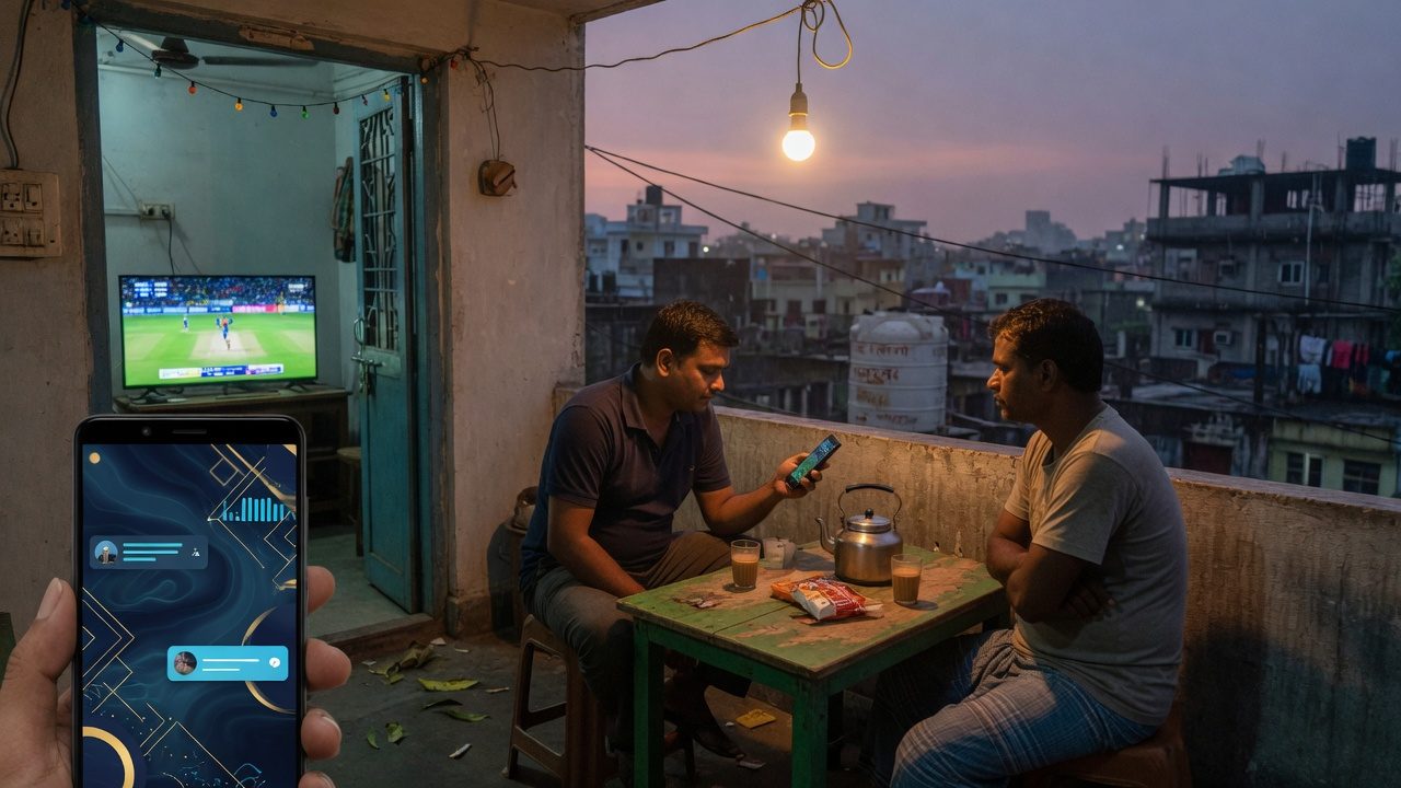 Terrace conversation at dusk with a cricket broadcast inside